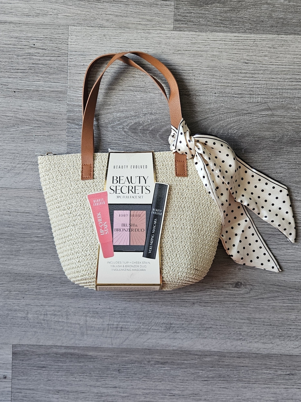 Straw Tote Bag with Polka Dot Scarf - With Beauty Products Included